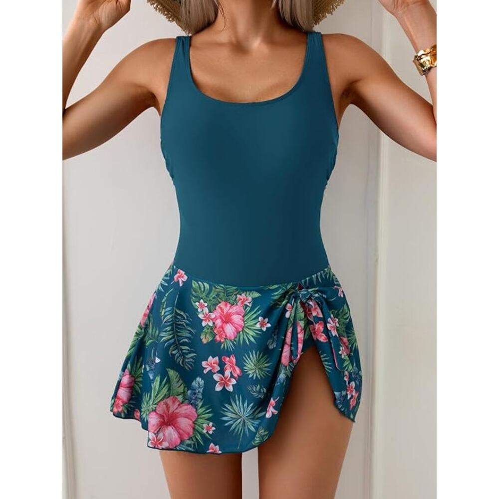 NWT Eomenie One Piece Swimdress Swimsuits Tummy Control Skirt Bathing Suit L - Picture 2 of 5